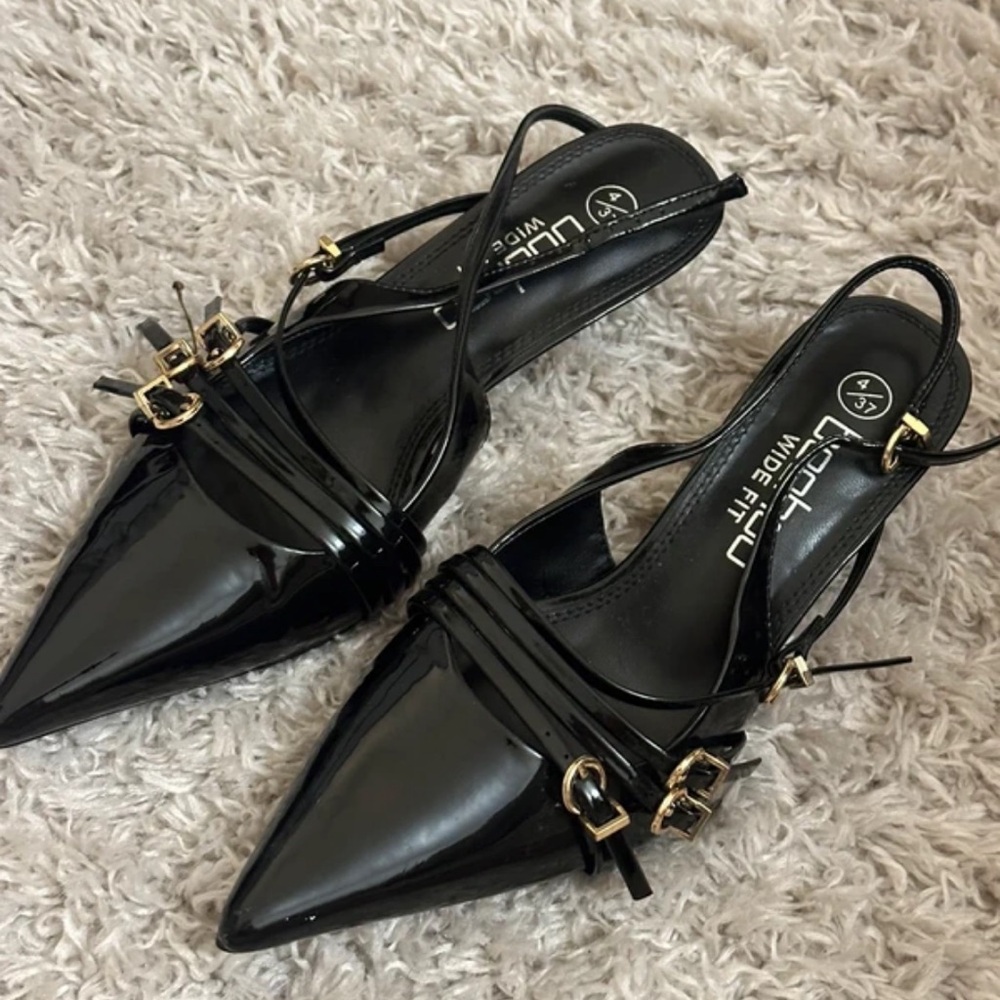 Boohoo Glossy Black Heels with Gold Buckles